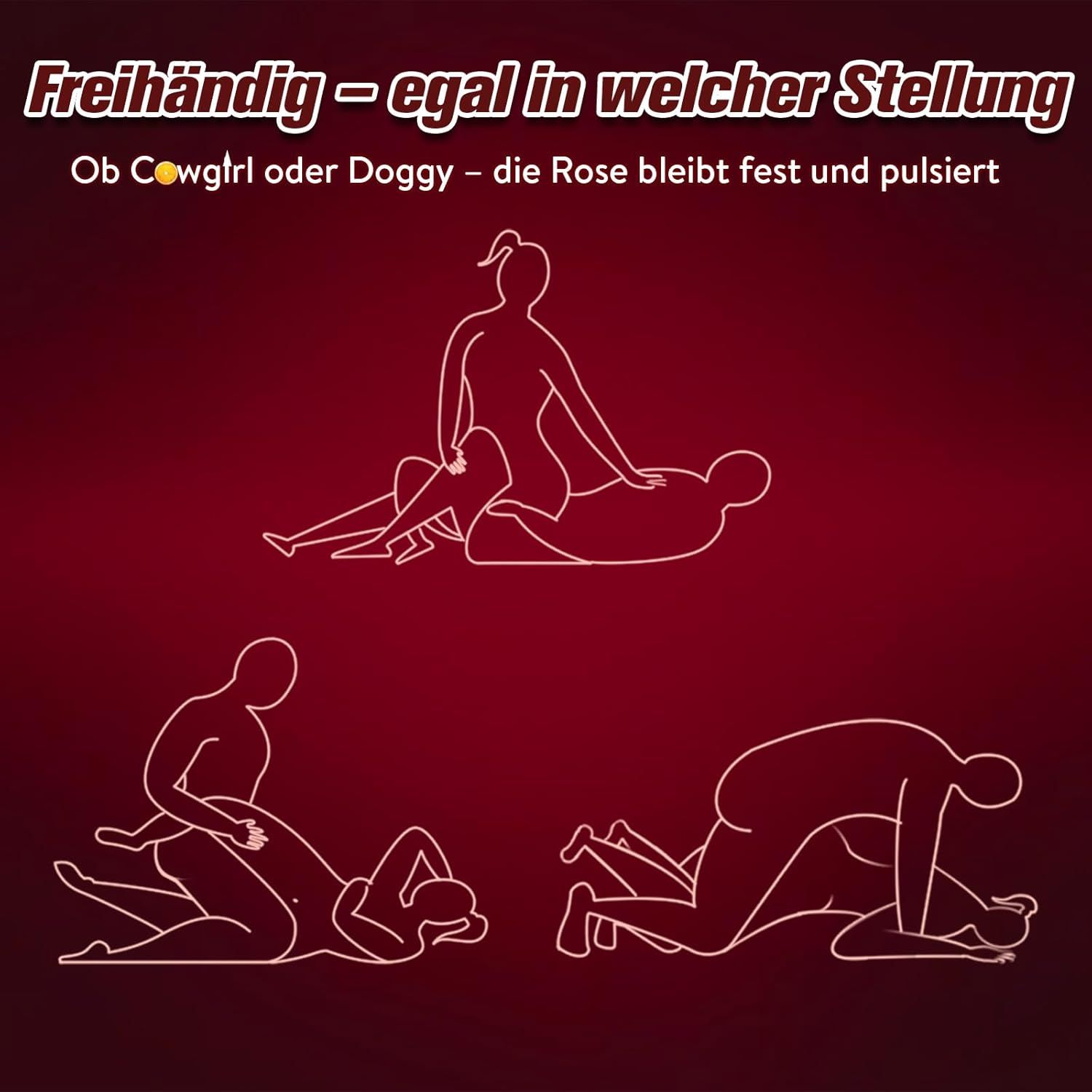 Illustrazioni di posizioni con anello vibrante. Testo: A mani libere, in qualsiasi posizione. Cowgirl o Doggy - la rosa pulsa.