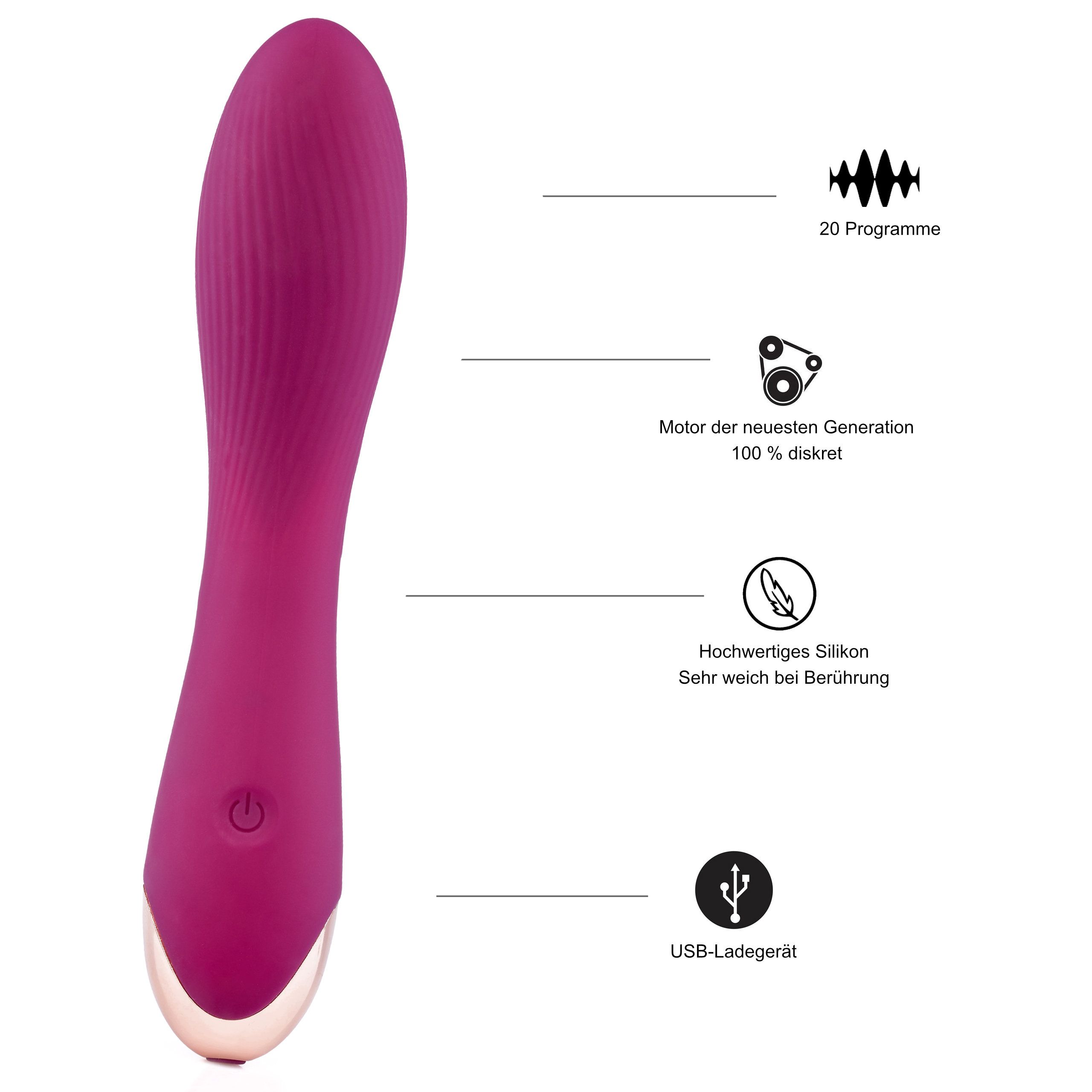 Vibratore viola con testa a coste. Caratteristiche: 20 programmi, silicone, cavo USB.
