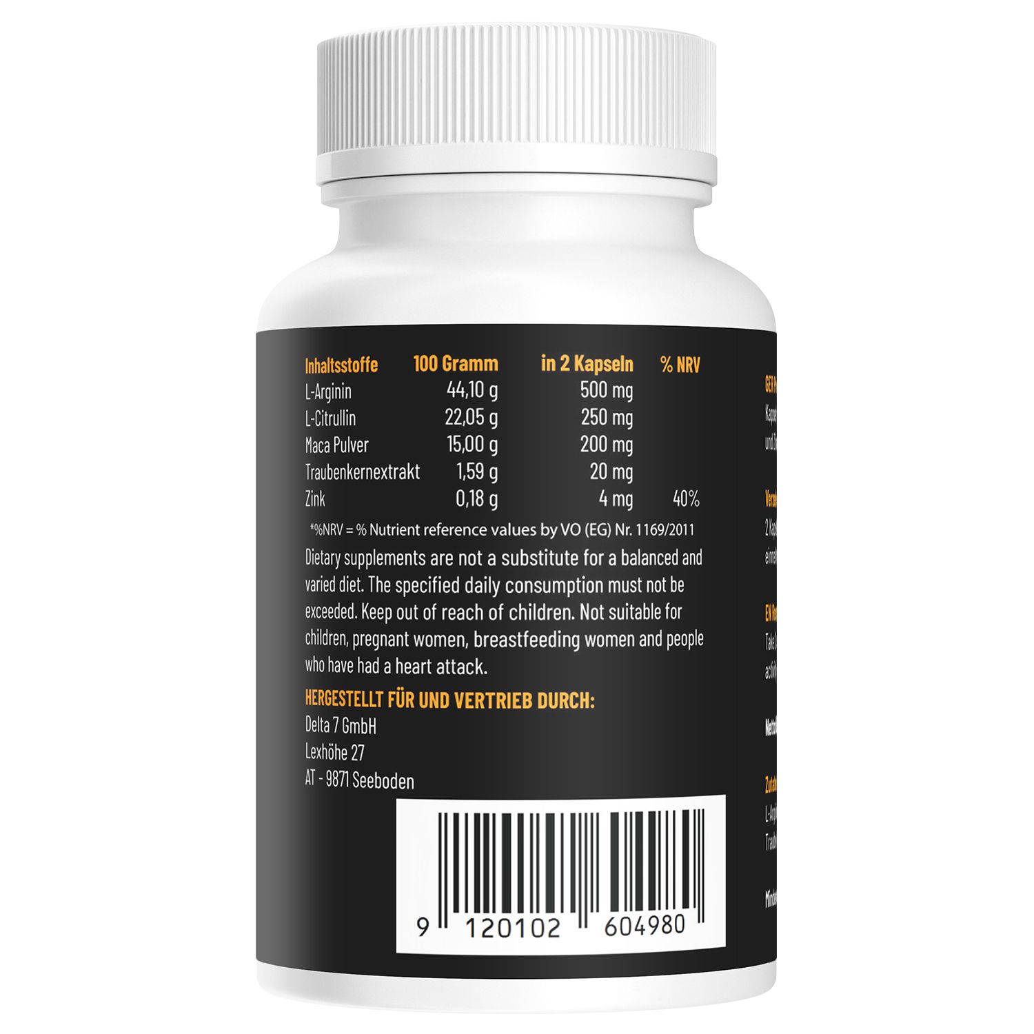 Flacone bianco con etichetta nera. Testo: Ingredienti, informazioni nutrizionali, prodotto per e distribuito da.