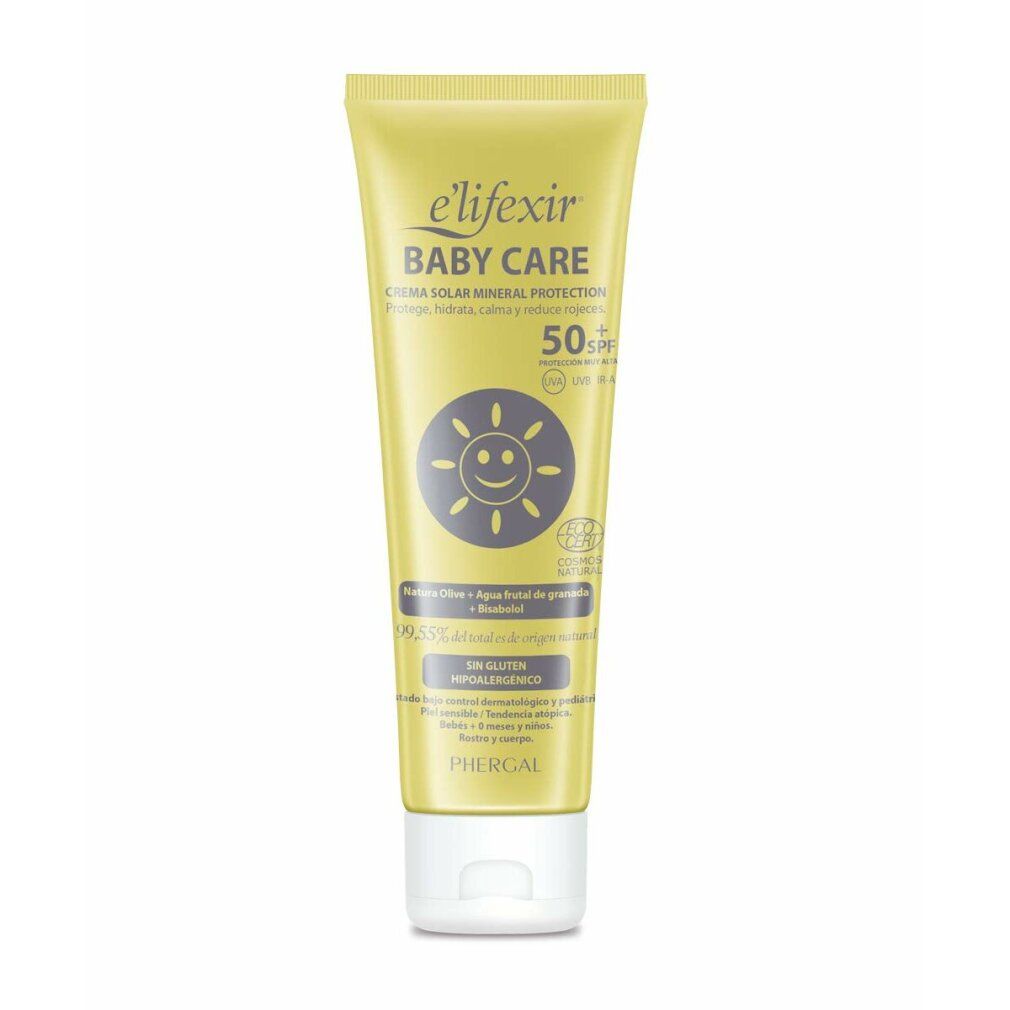 Tubo giallo "elifexir BABY CARE". Protezione solare minerale SPF 50. Simbolo sole e certificazione bio.