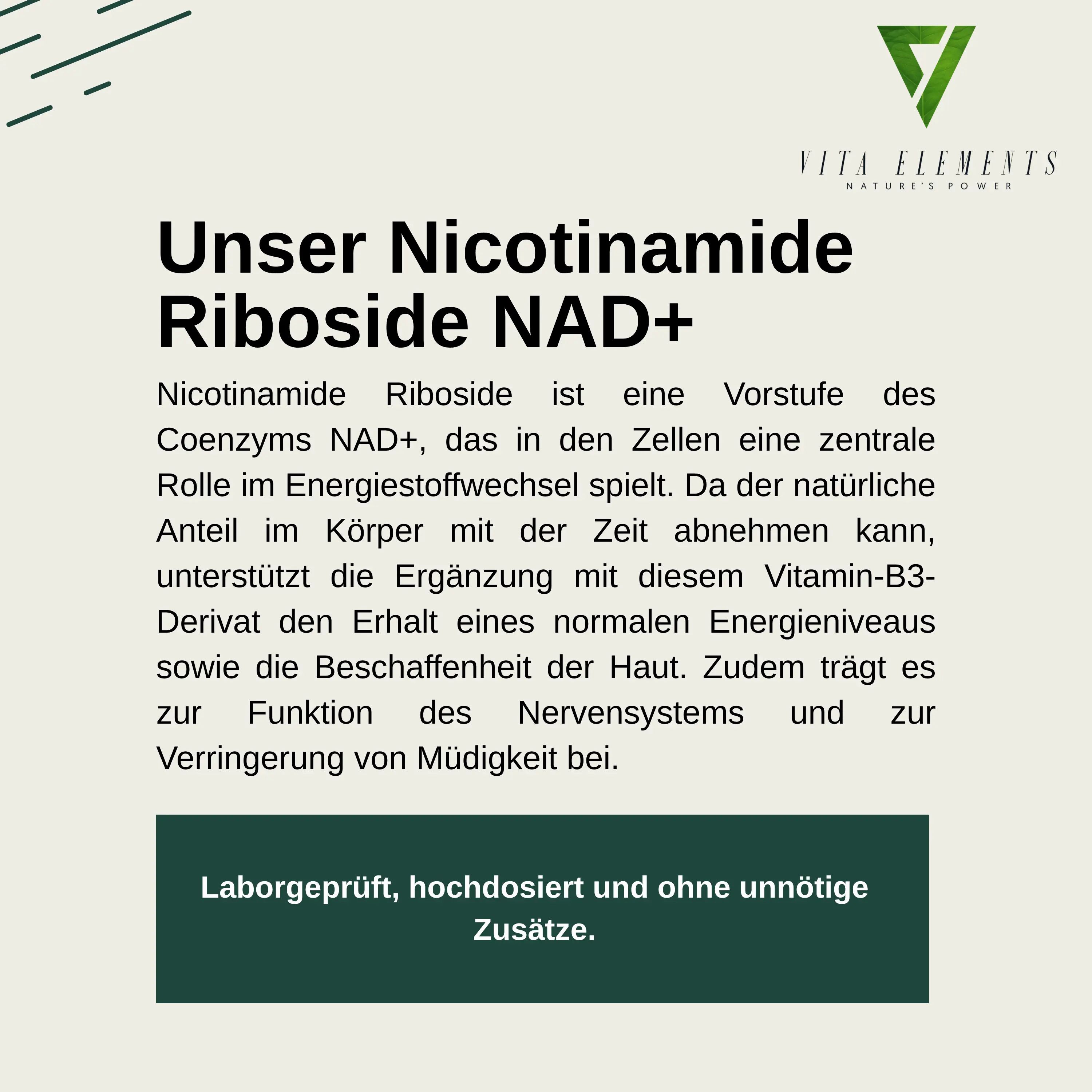 Testo che spiega il ruolo del Nicotinamide Riboside NAD+ nel metabolismo energetico e i suoi benefici.