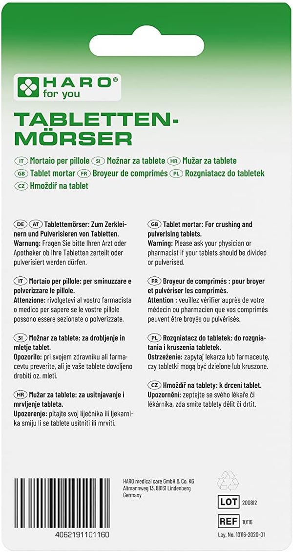 Retro della confezione del mortaio per compresse con testo multilingue. Logo HARO.