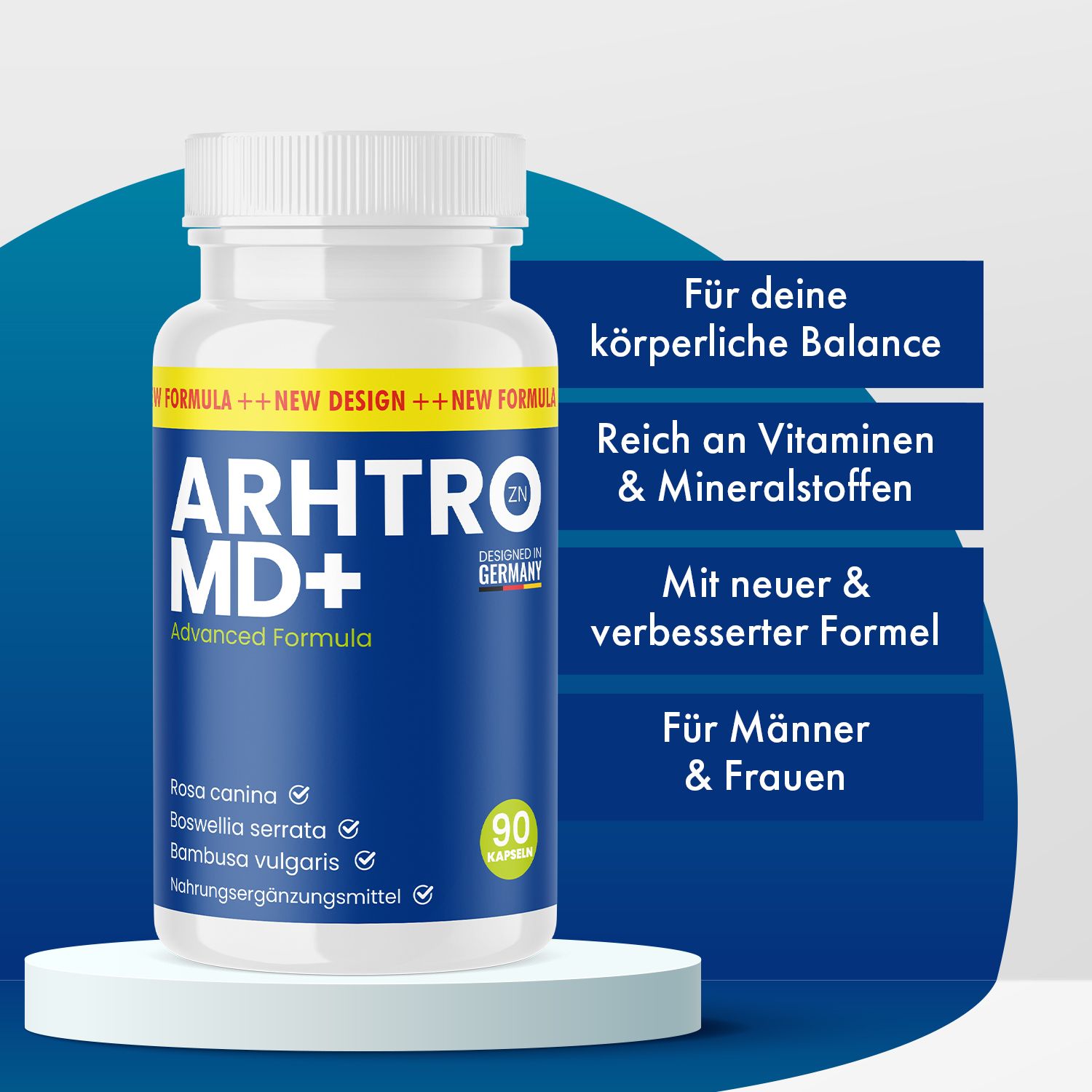 Flacone di capsule bianco con scritta blu: ARHTRO MD+ Advanced Formula. Scritta: 90 capsule. Testo: Per il tuo equilibrio corporeo, ricco di vitamine e minerali, con una nuova formula.
