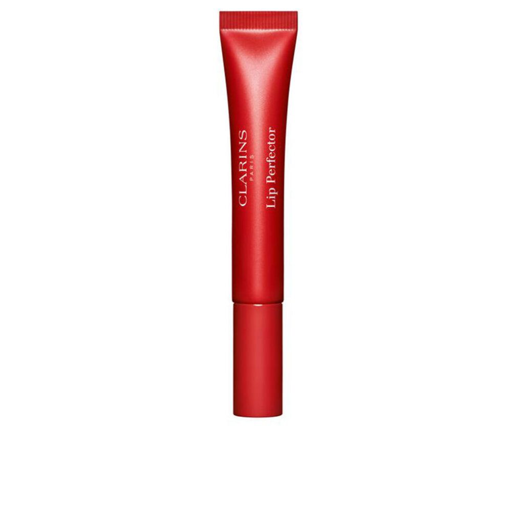 Tubo rosso con tappo rosso. Scritta: Clarins Paris, Lip Perfector.