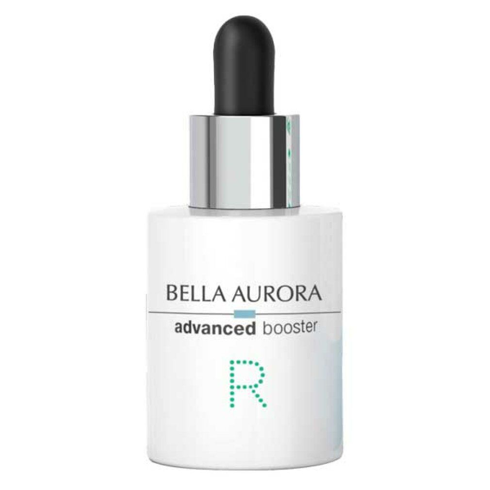 Flacone bianco con pipetta nera. Scritta: Bella Aurora, advanced booster. 'R' verde.