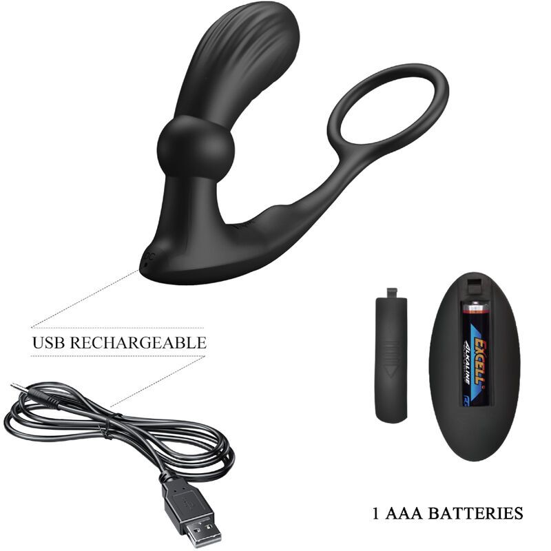 Vibratore ad anello anale nero e telecomando con logo.