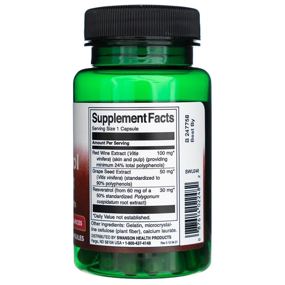 Retro di una bottiglia Swanson Resveratrol Complex con informazioni nutrizionali e ingredienti.