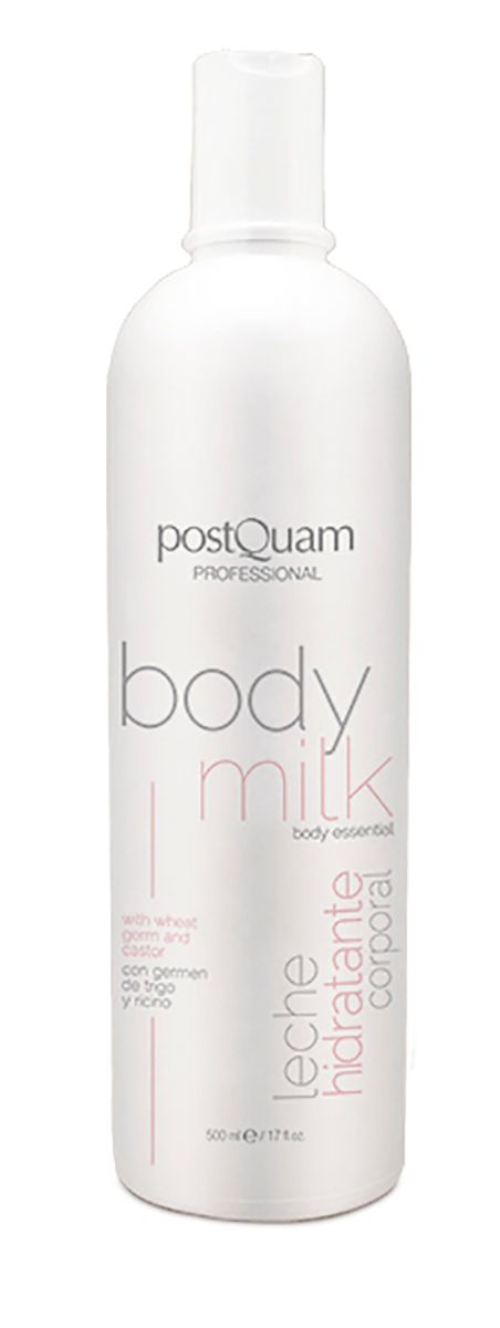 Flacone bianco "Postquam Professional Body Milk". Testo: "Leche Hidratante Corporal", "500 ml".