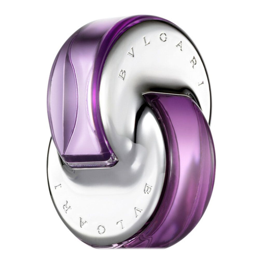 Flacone a forma di anello, argento e viola. Scritta Bvlgari. Vetro viola.