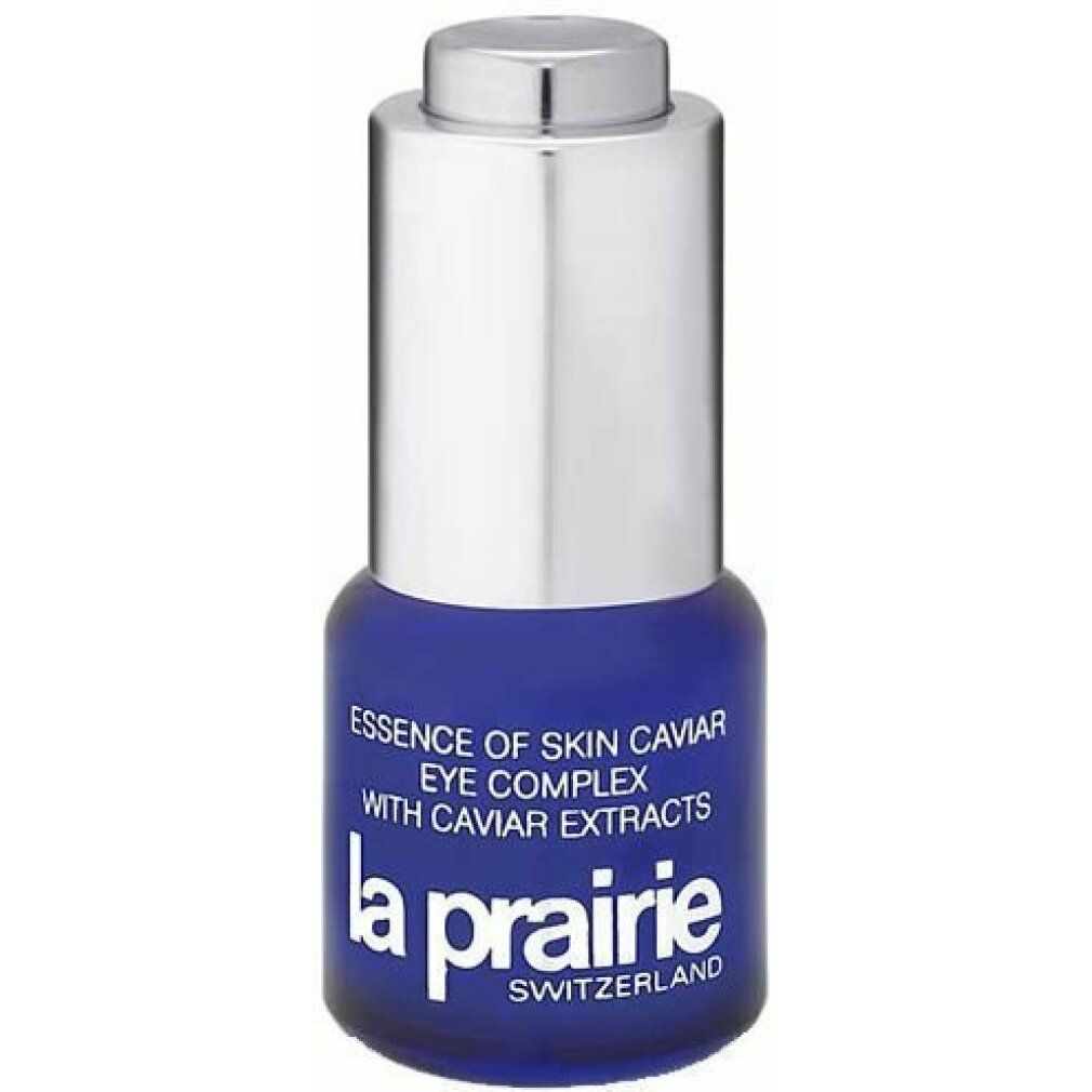 Flacone blu con tappo argentato. Scritta: Essence of Skin Caviar Eye Complex, La Prairie.