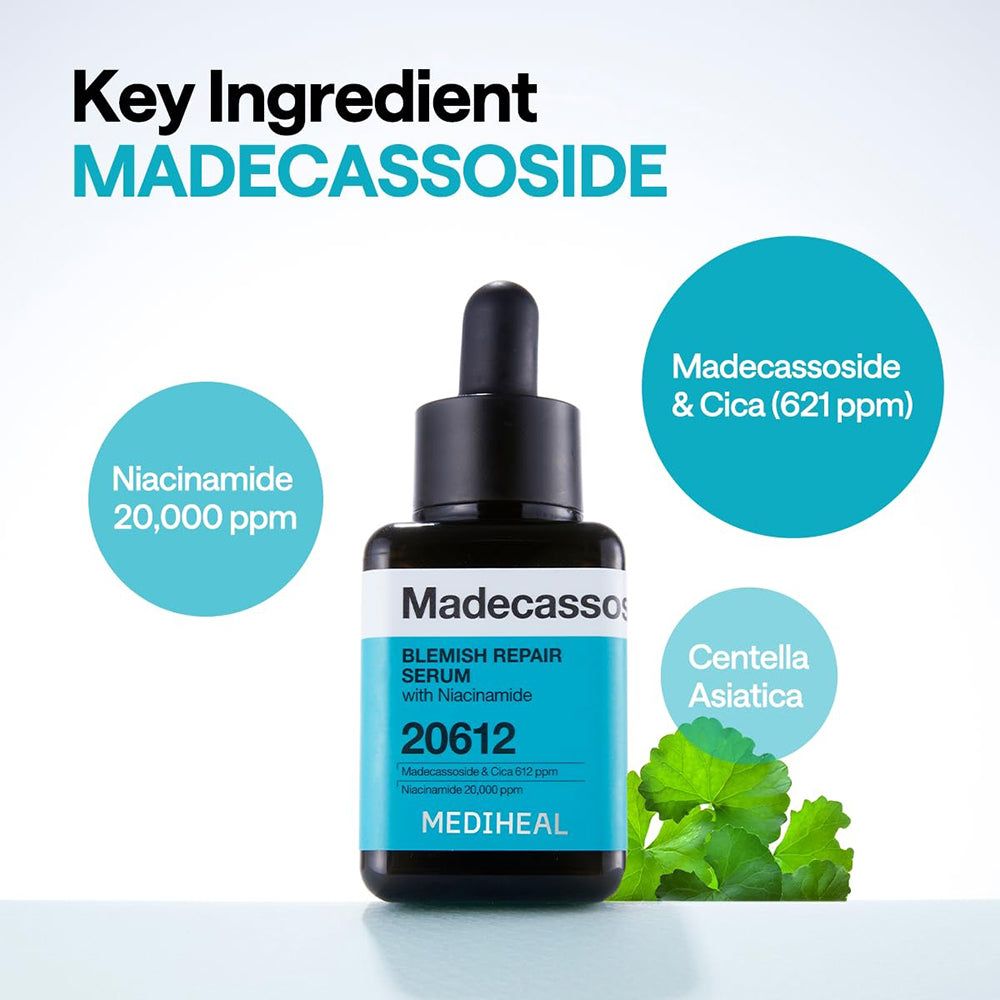 Flacone di siero con tappo nero. Etichetta blu con testo: Madecassoside Blemish Repair Serum, 20612, MEDIHEAL. Foglie verdi accanto.