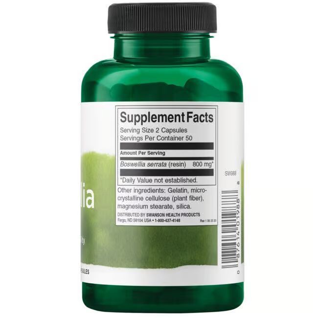 Retro del flacone verde. Scritta: Supplement Facts. Contiene Boswellia serrata (resina) 800 mg.