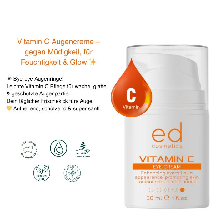 Flacone di crema per occhi bianco con etichetta arancione e simbolo a goccia. Testo: Vitamin C Eye Cream, 30 ml, 1 fl.oz. Marchio: ed cosmetics.