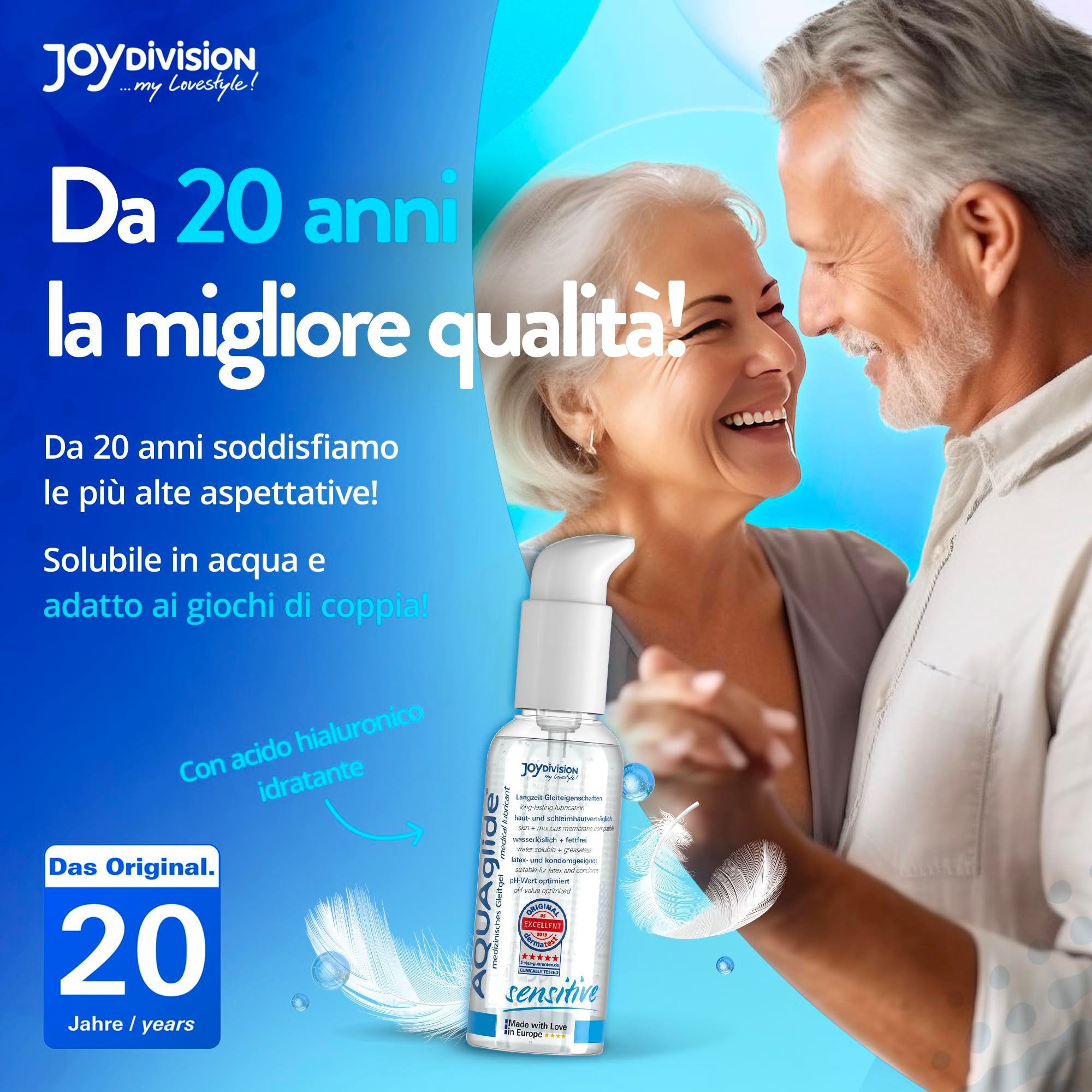 Gel lubrificante AQUAGLIDE Sensitive in flacone trasparente con dispenser a pompa. "20 anni" e "migliore qualità" sull'etichetta.