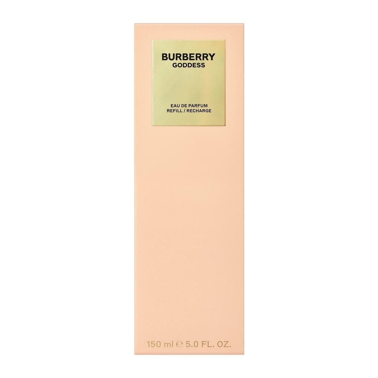 Confezione beige con scritta dorata: Burberry Goddess, Eau de Parfum, Refill/Recharge. 150 ml.