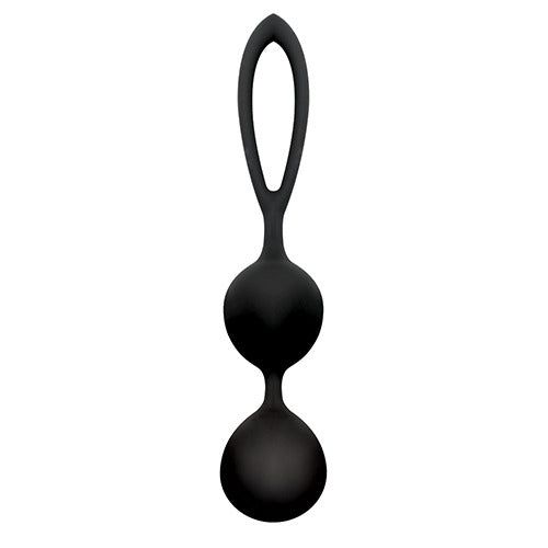 Palle di Kegel nere con anello. Due sfere collegate. Superficie liscia.