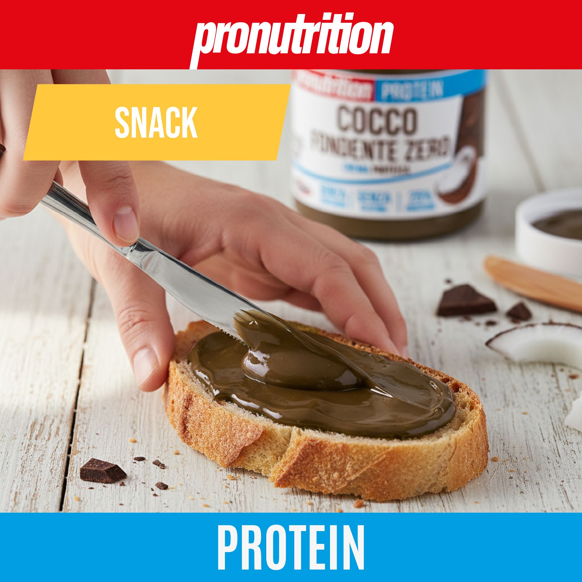 Coltello che spalma crema cioccolato-cocco sul pane. Scritta: Cocco Fondente Zero. Accanto: cioccolato, cocco. Testo: Snack.