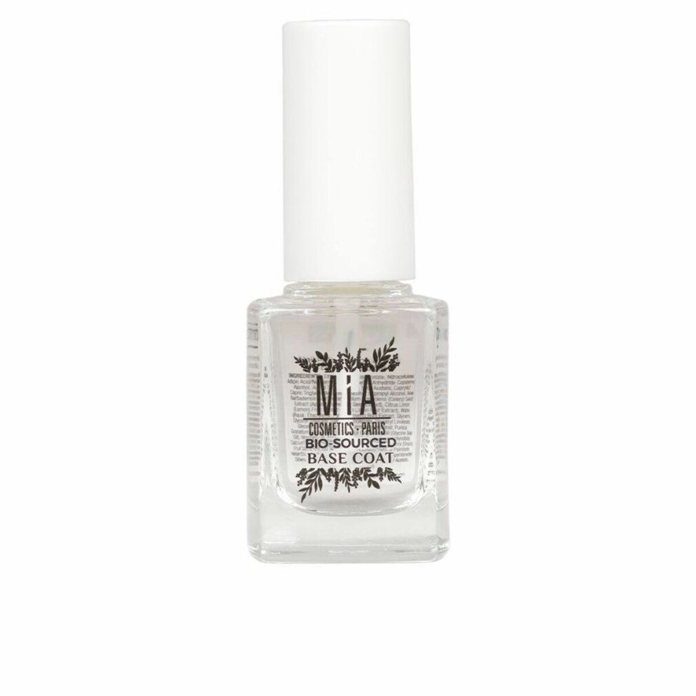 Flacone di smalto trasparente con tappo bianco. Scritta: MÍA Cosmetics Paris Bio-Sourced Base Coat.