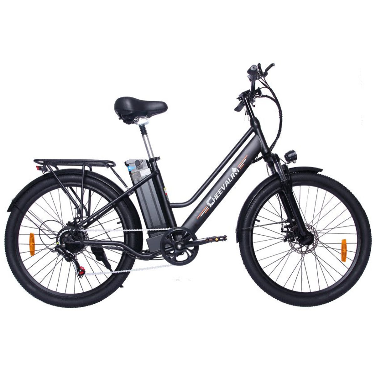 Bicicletta elettrica nera con portapacchi e batteria. Marchio Cheevalry.