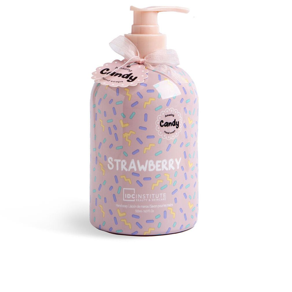 Flacone di sapone rosa con motivo a confettini. Scritta "Strawberry" e "Candy". Marchio: IDC INSTITUTE.