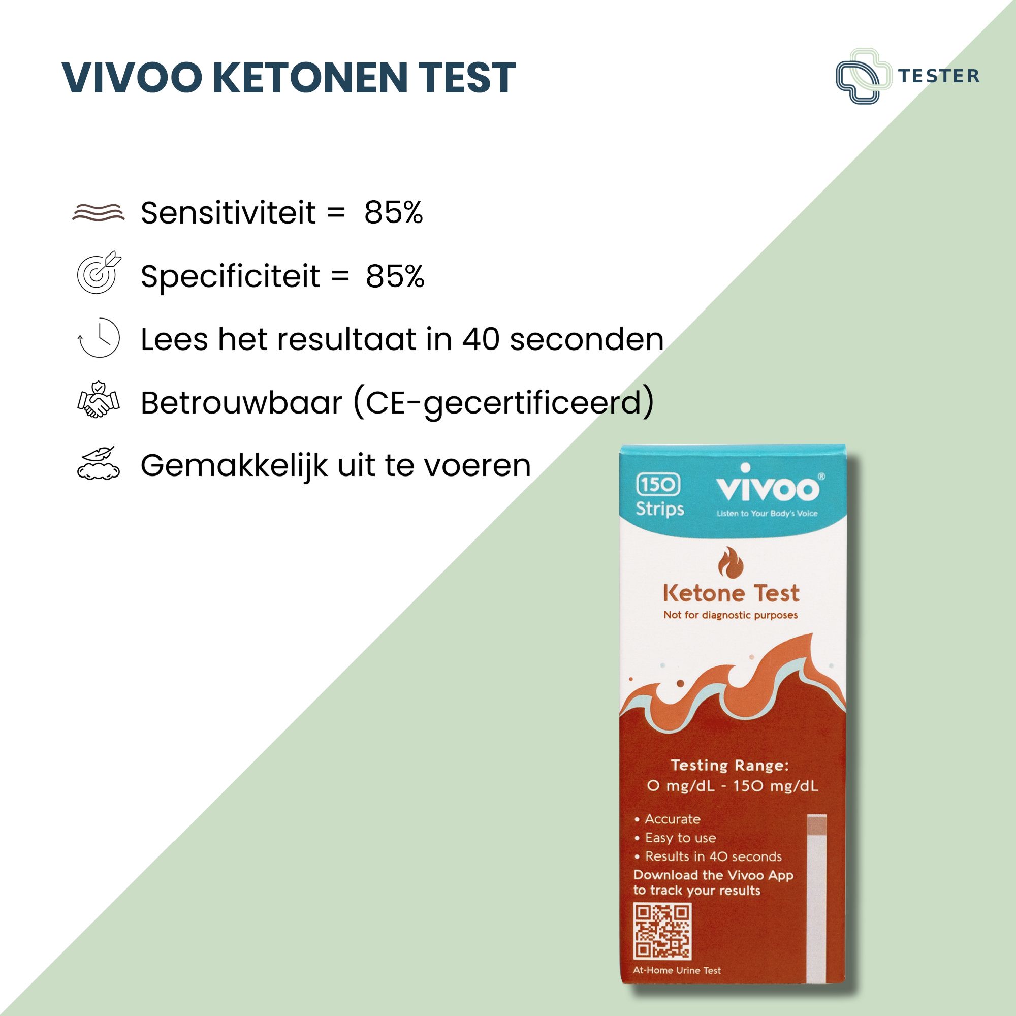 Confezione Vivoo Keton Test con 150 strisce. Testo: Keton Test, intervallo di test 0-150 mg/dL. Certificato CE.