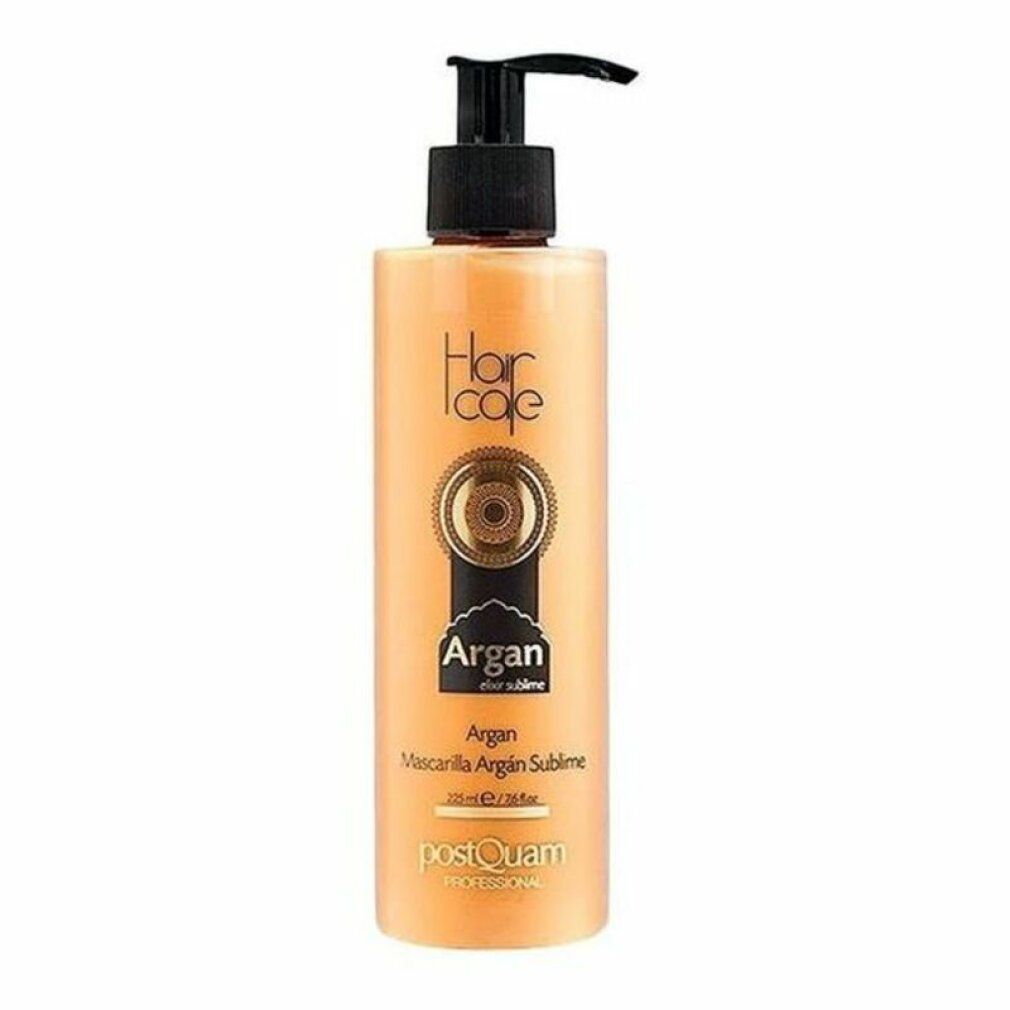 Flacone beige con dosatore nero. Scritte: Hair Care, Argan, Mascarilla Argan Sublime, Postquam.