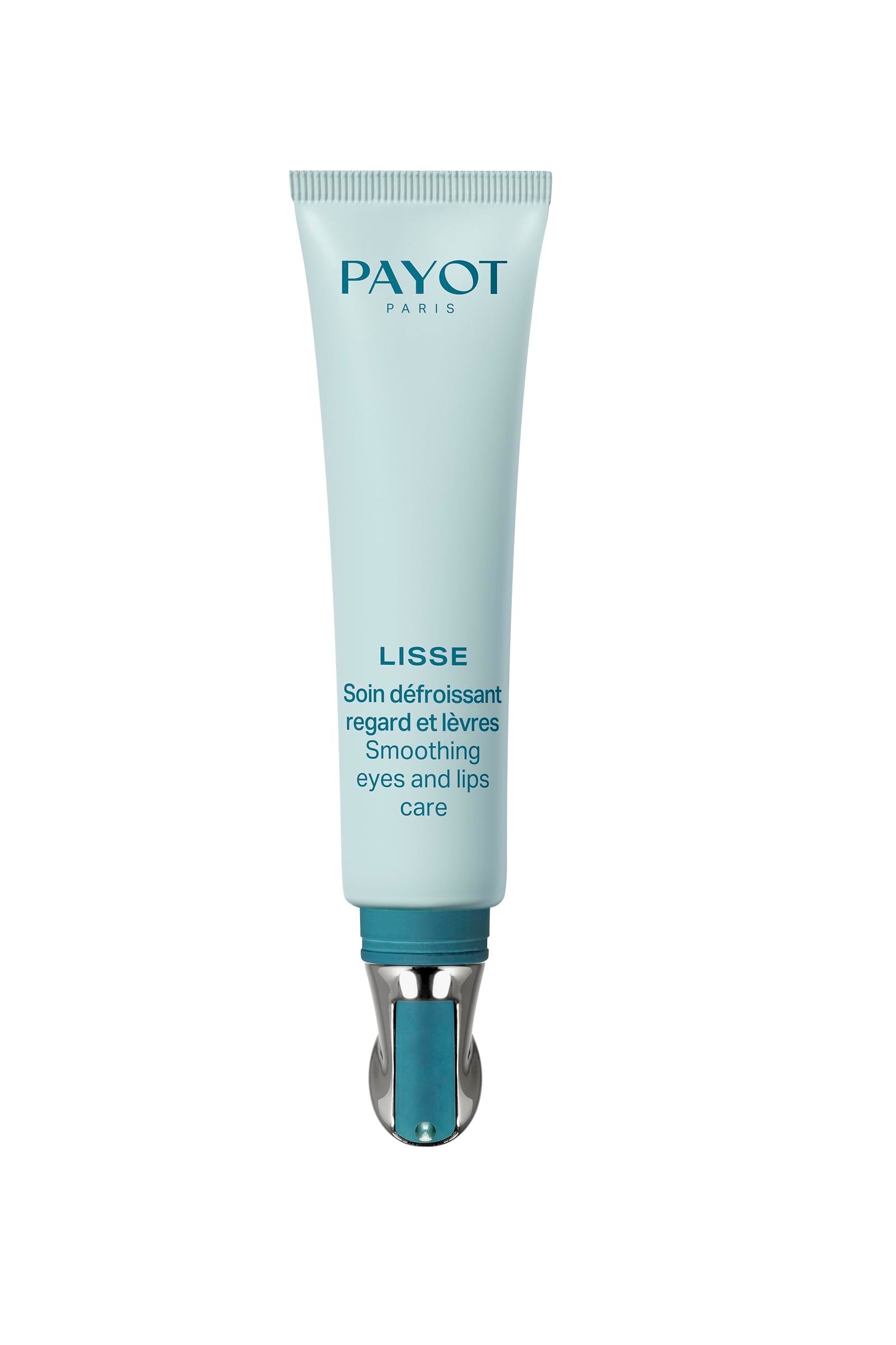 Tubo azzurro con tappo blu e applicatore metallico. Scritta PAYOT PARIS. Testo: LISSE, Soin défroissant regard et lèvres, Smoothing eyes and lips care.