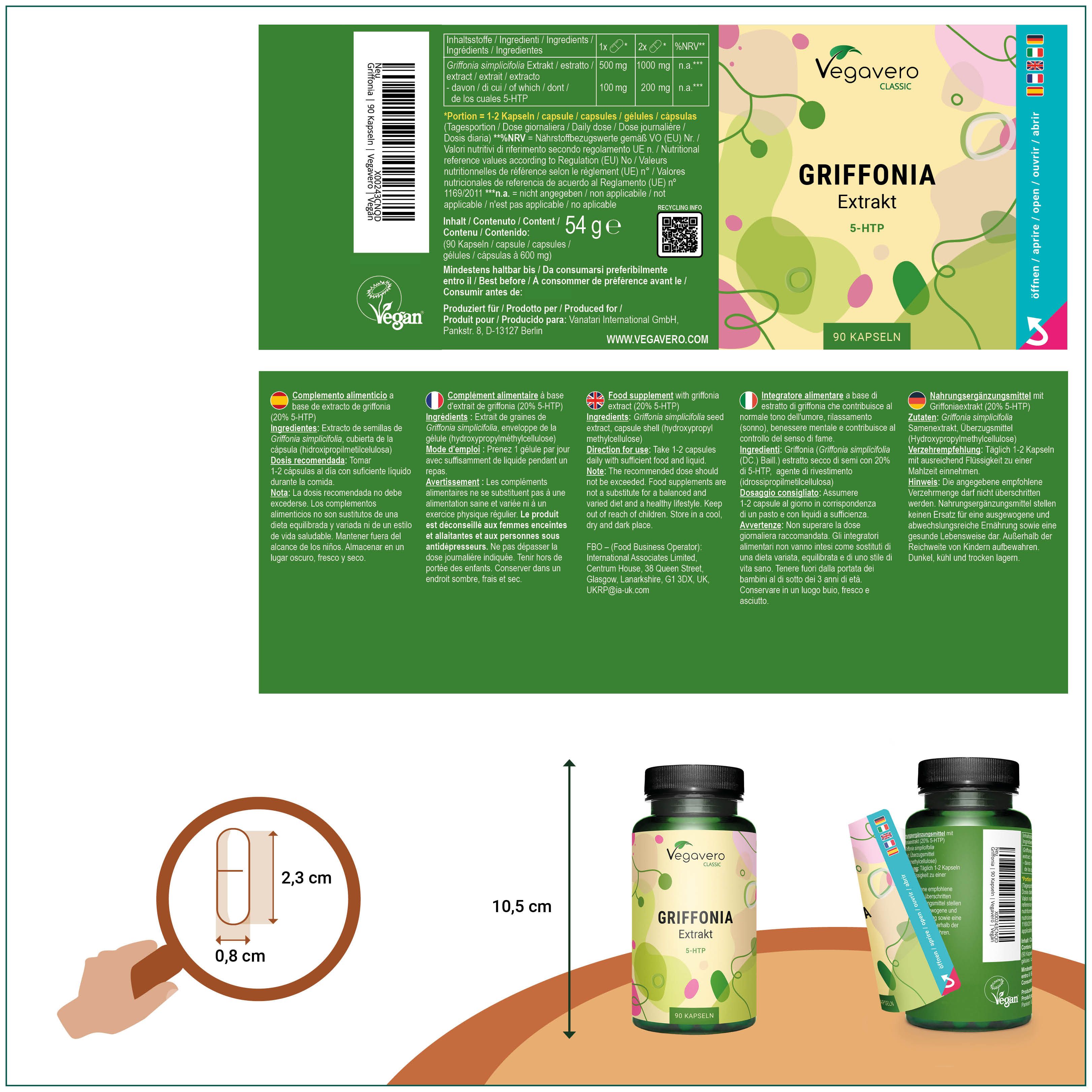 Confezione del prodotto con VEGAVERO Griffonia Extrakt. Contiene un flacone e una confezione di capsule. Sulla confezione sono stampate informazioni.