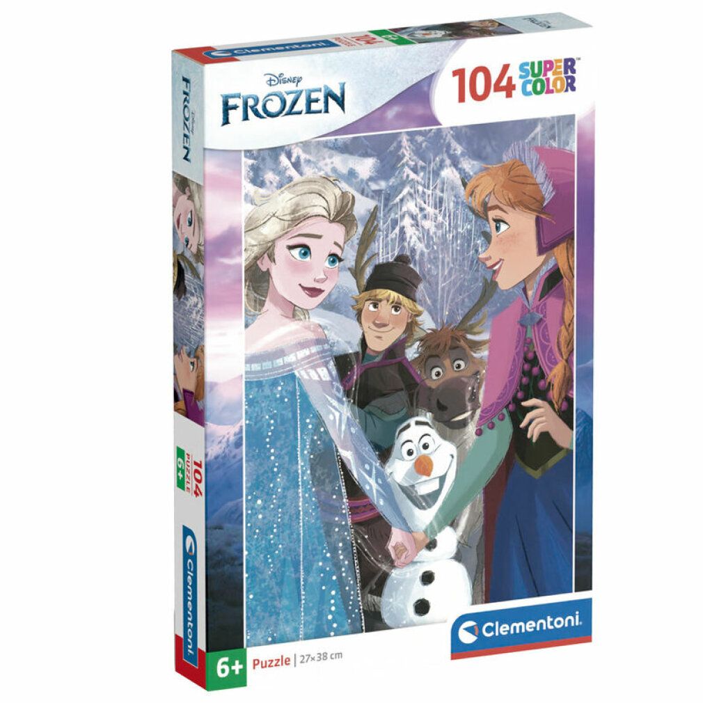 Puzzle Clementoni Frozen, 104 pezzi. Confezione con Elsa, Anna, Olaf e altri personaggi. Dimensioni: 27x38 cm.