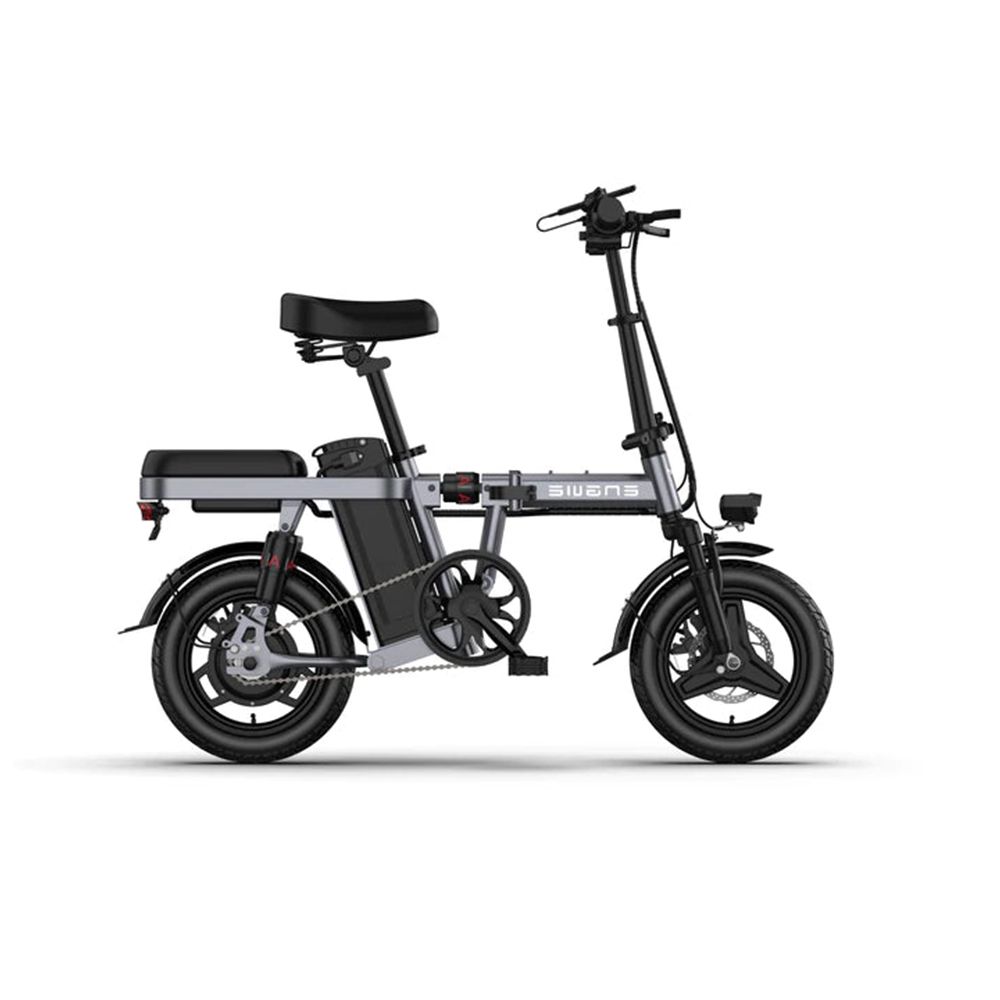 E-bike, vista laterale. Pneumatici neri, telaio grigio, sella nera. Logo SWANS.
