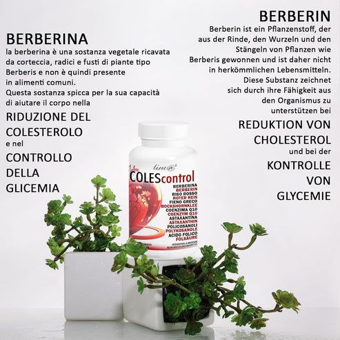 Flacone COLEScontrol su piedistallo, con piante e testo su Astaxantina e Coenzima Q10.