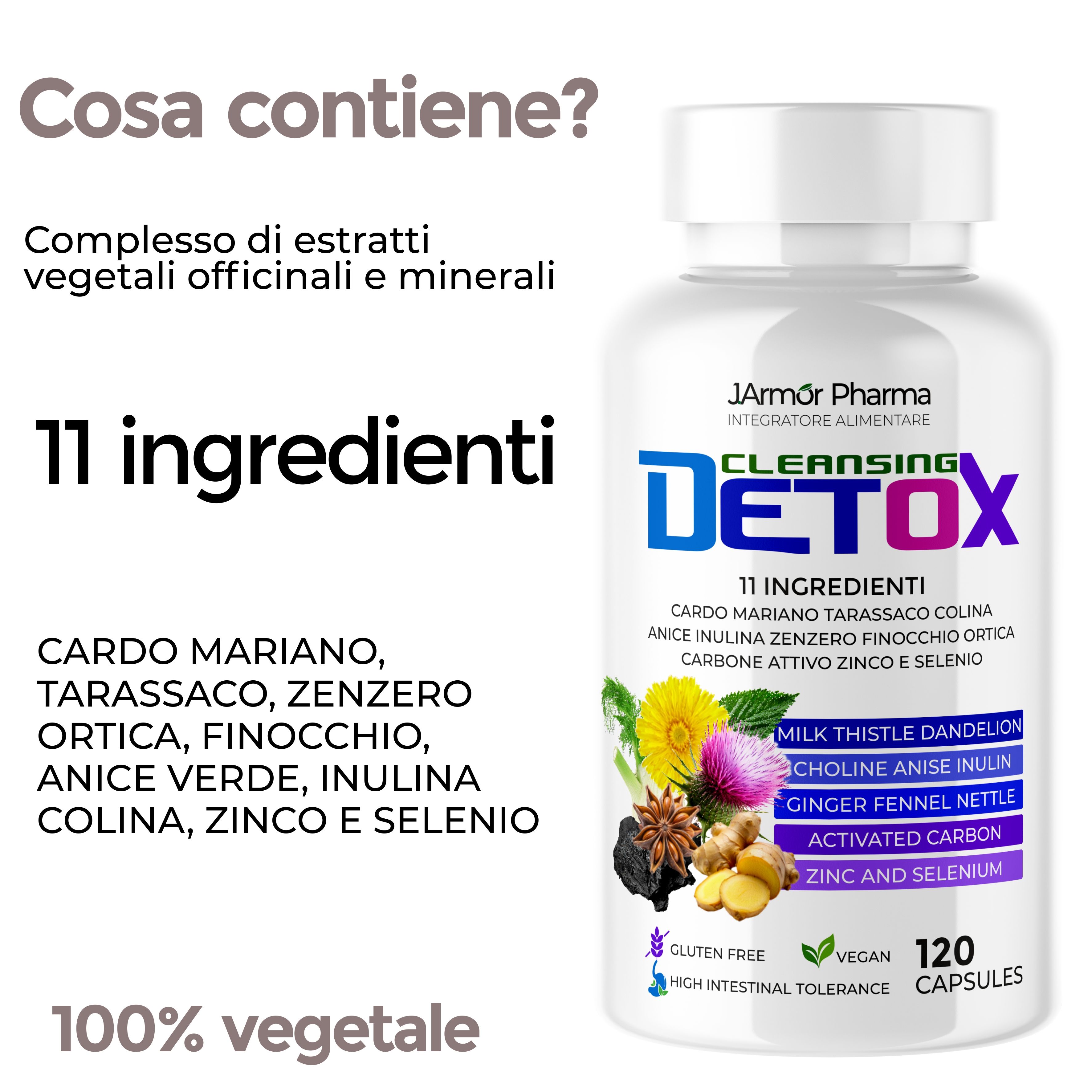 Flacone del prodotto con testo e ingredienti. Testo: J.Armor Pharma, Detox, 11 ingredienti. Contiene cardo mariano, tarassaco, anice, inulina, zinco, selenio.
