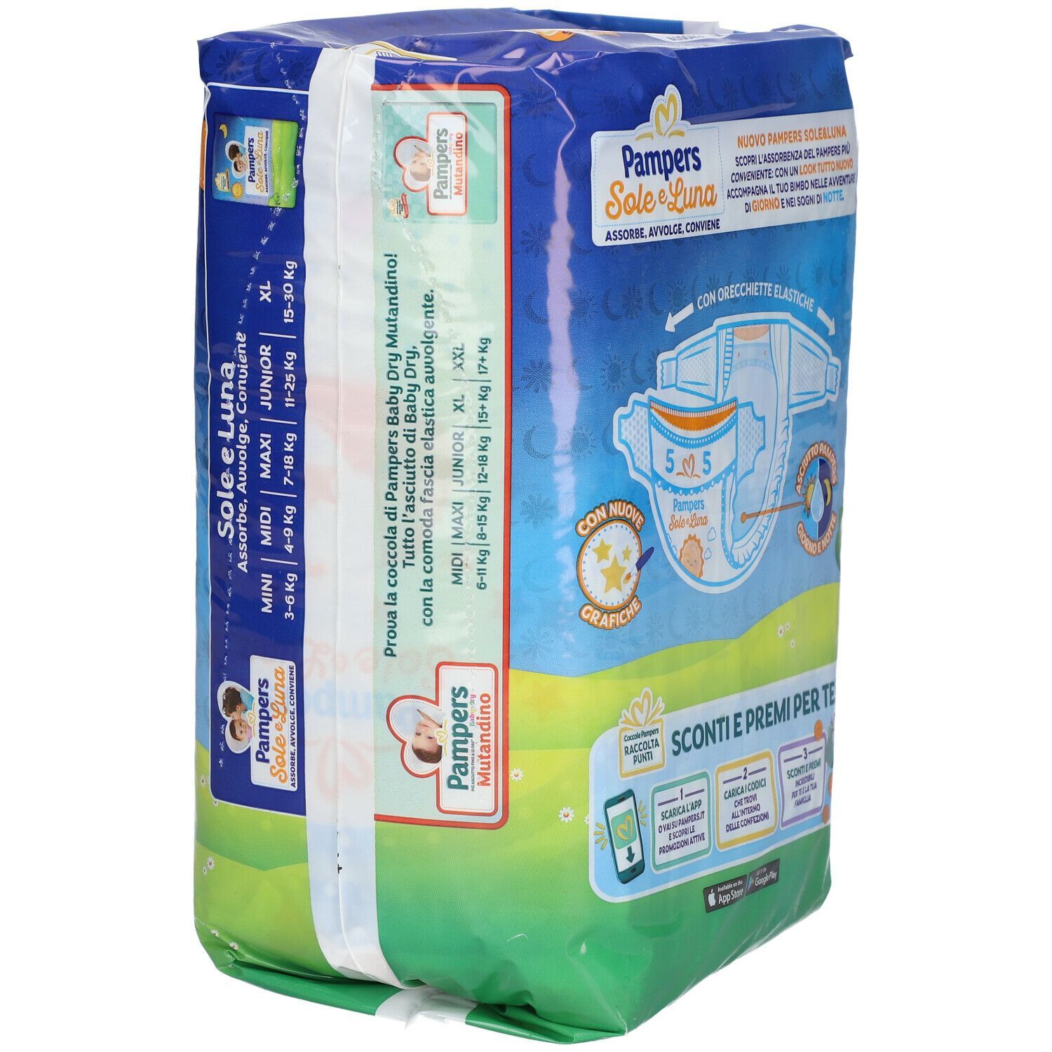 Confezione di pannolini Pampers Sole e Luna Junior. Vista laterale con indicazioni delle taglie. Taglia 5, 16 pannolini. Varie taglie.