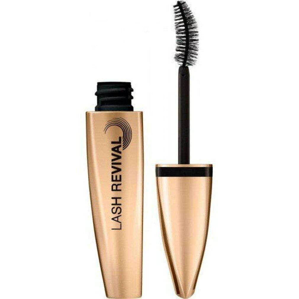 Tubo mascara aperto con spazzola. Tubo dorato, tappo nero. Scritta: LASH REVIVAL. Marchio: MAX FACTOR.