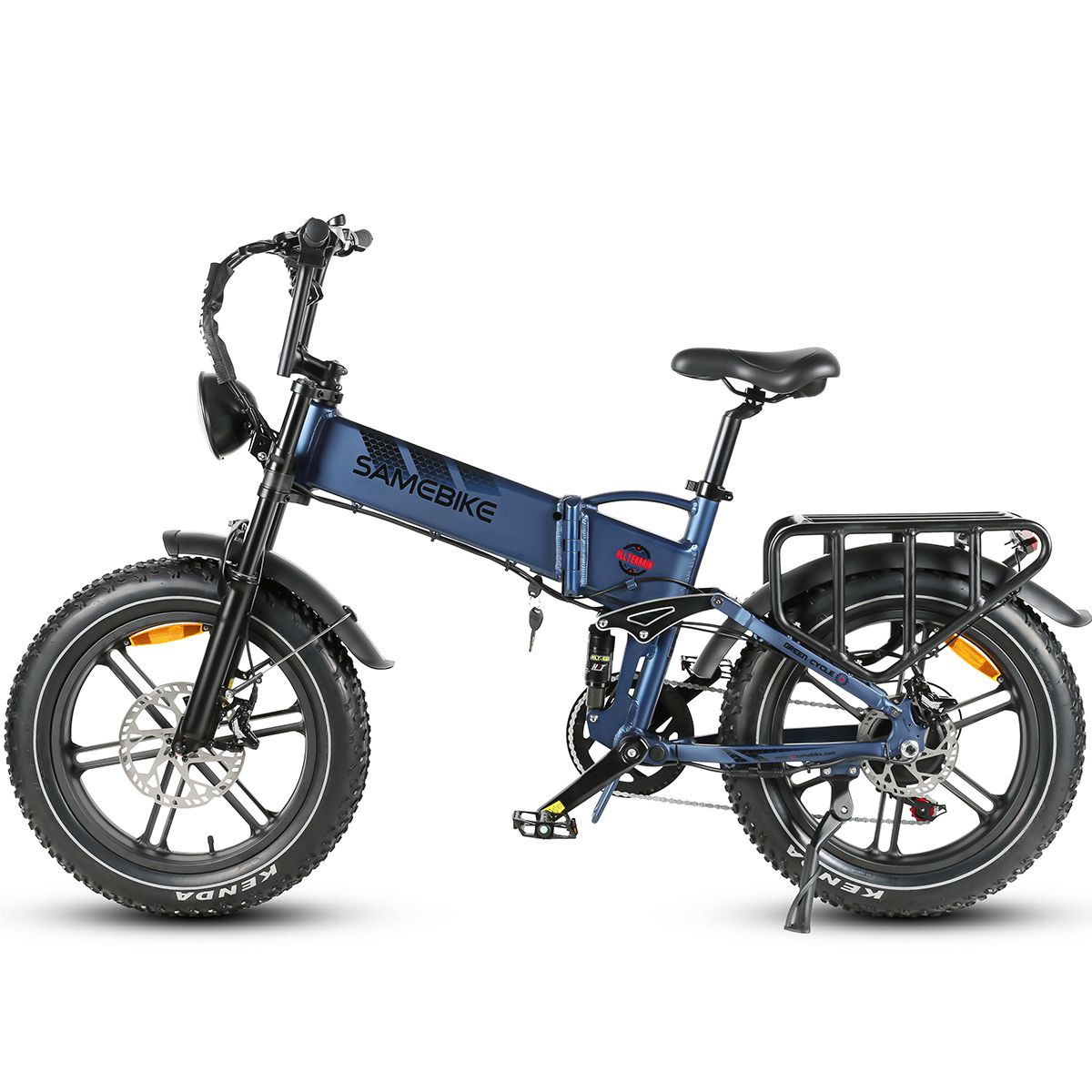 Bicicletta elettrica da montagna SAMEBIKE RS-A02 blu. Pneumatici neri, portapacchi, parafanghi. Pneumatici Kenda. Vista laterale.