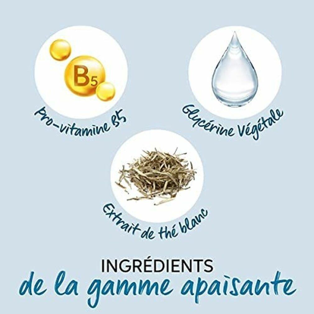 Grafica con ingredienti: Pro-vitamina B5, Glicerina vegetale, tè bianco. Testo: Ingredienti della gamma lenitiva.