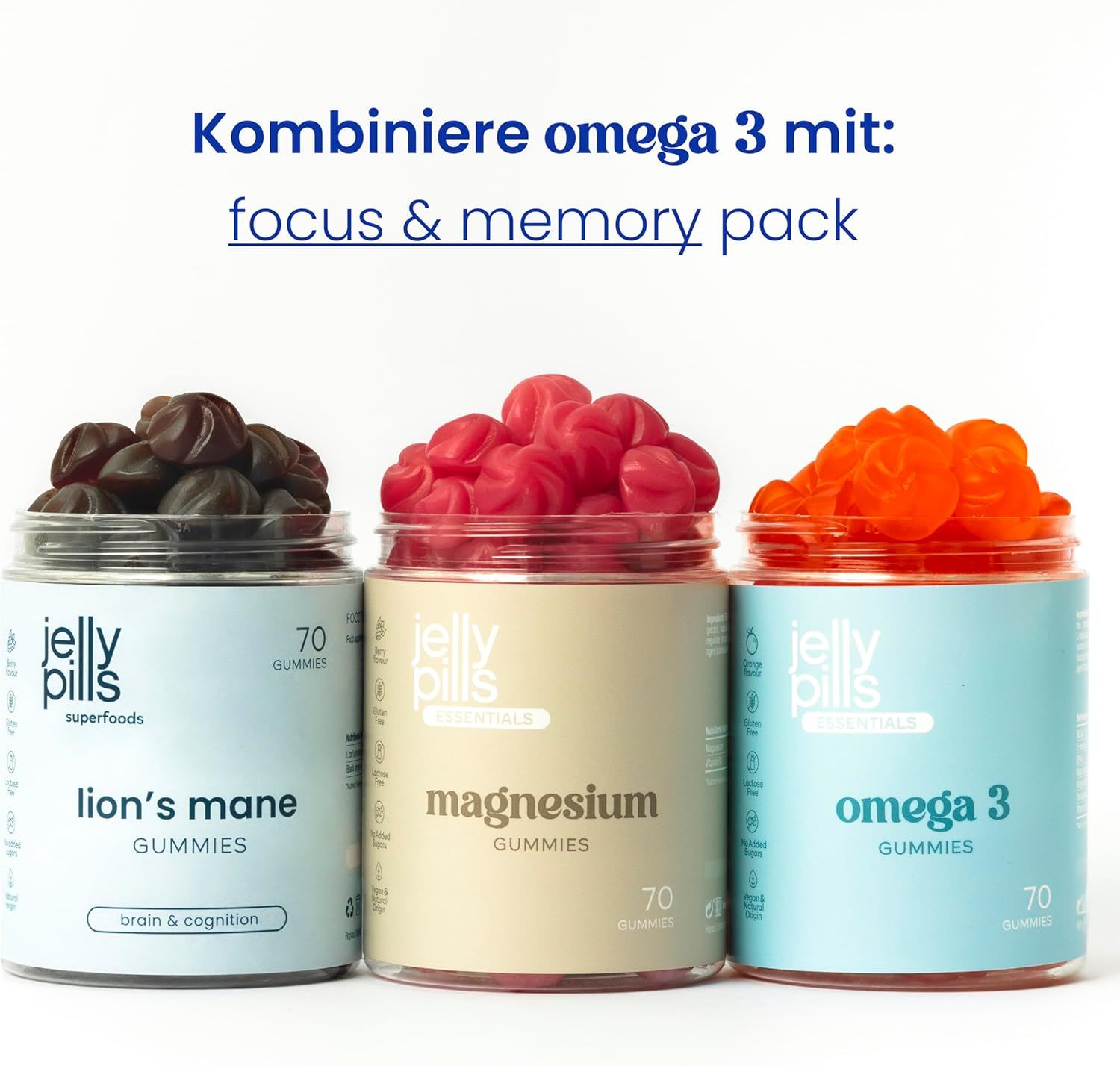 Tre barattoli di Jelly Pills Gummies. Omega 3, magnesio e Lion's Mane. 70 gummies per barattolo. Scritta: Focus & Memory Pack.