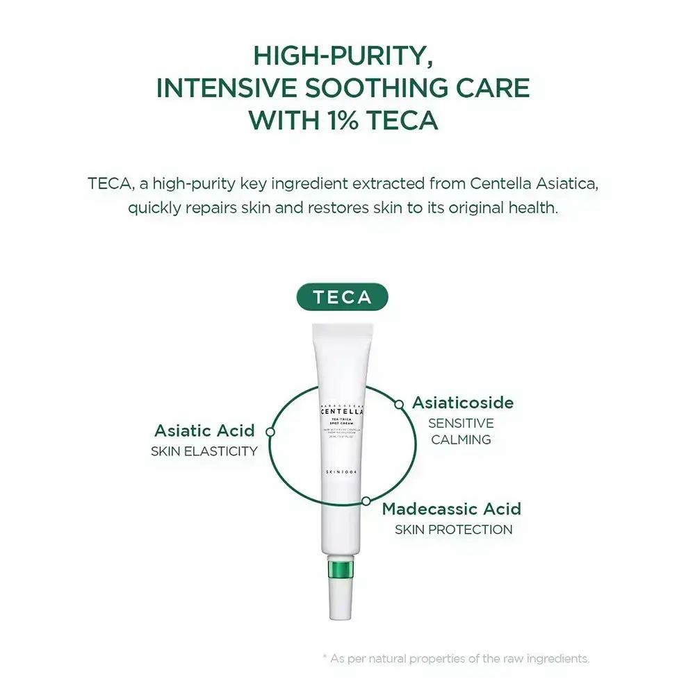 Tubo del prodotto con testo: HIGH-PURITY, INTENSIVE SOOTHING CARE. Testo: TECA, Asiatic Acid, Asiaticoside, Madecassic Acid.