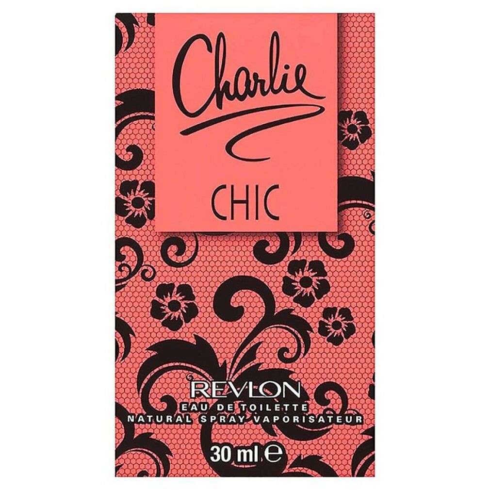 Confezione Eau de Toilette. Sfondo rosa con motivi floreali neri. Scritta "Charlie CHIC" e "Revlon".