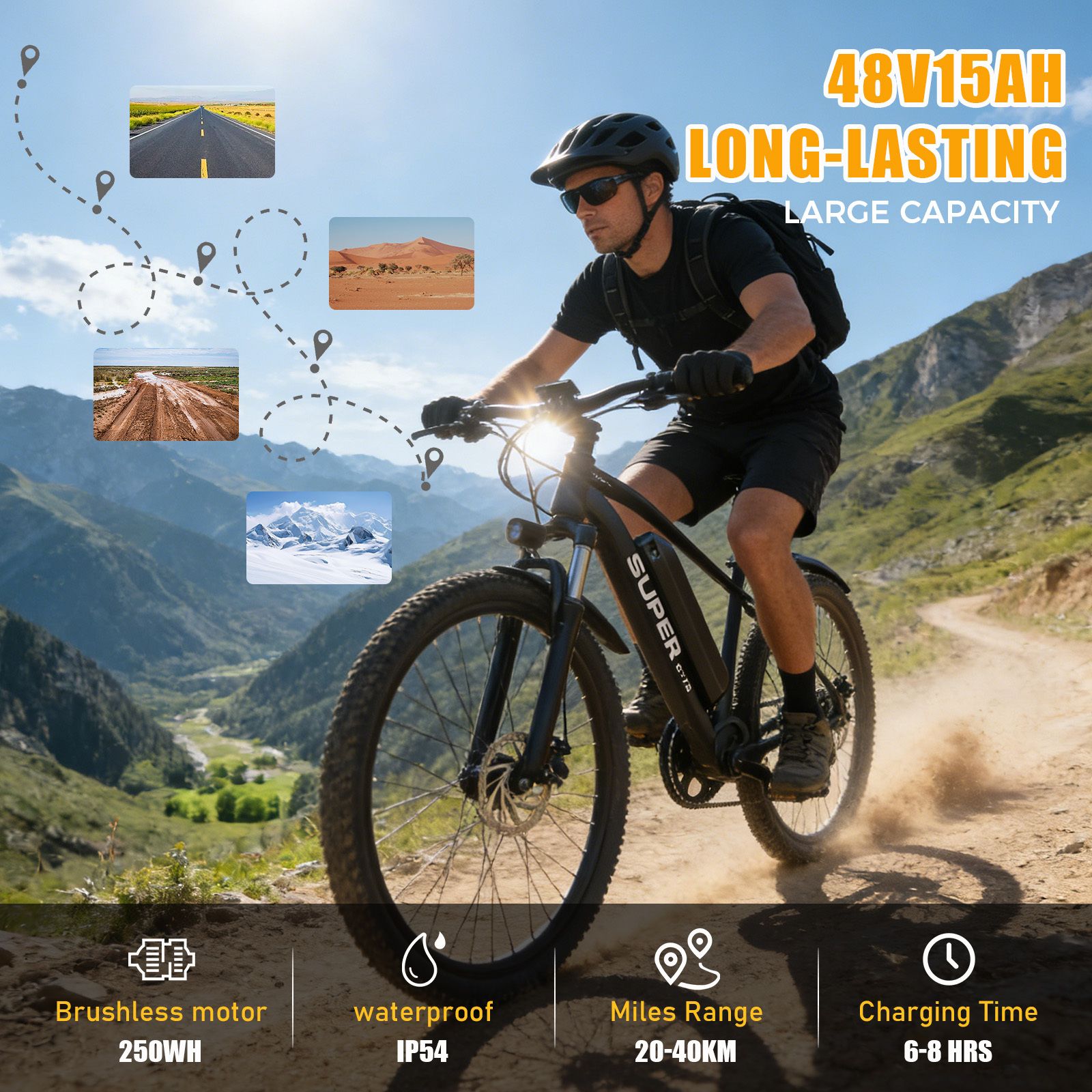 E-bike nera con ciclista su sentiero montano. Testo: 48V15AH, motore 250W, impermeabile IP54, autonomia 20-40KM, carica 6-8h.