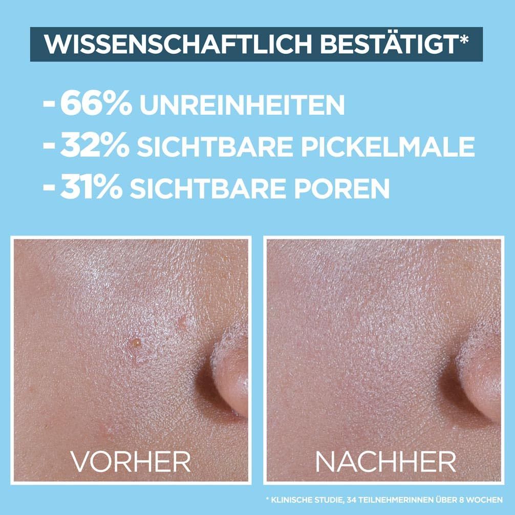 Garnier Hautklar BHA + Niacinamide Daily UV. Confronto prima-dopo. Testo: -66% imperfezioni, -32% segni, -31% pori.