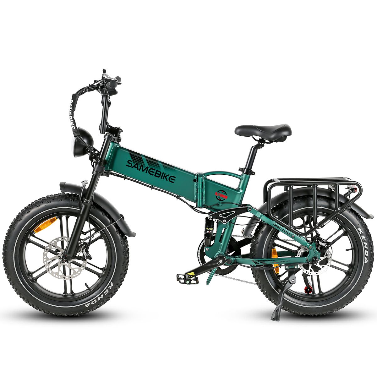 Bicicletta elettrica da montagna SAMEBIKE RS-A02 verde. Pneumatici neri, portapacchi, parafanghi. Batteria sul telaio. Pneumatici Kenda.
