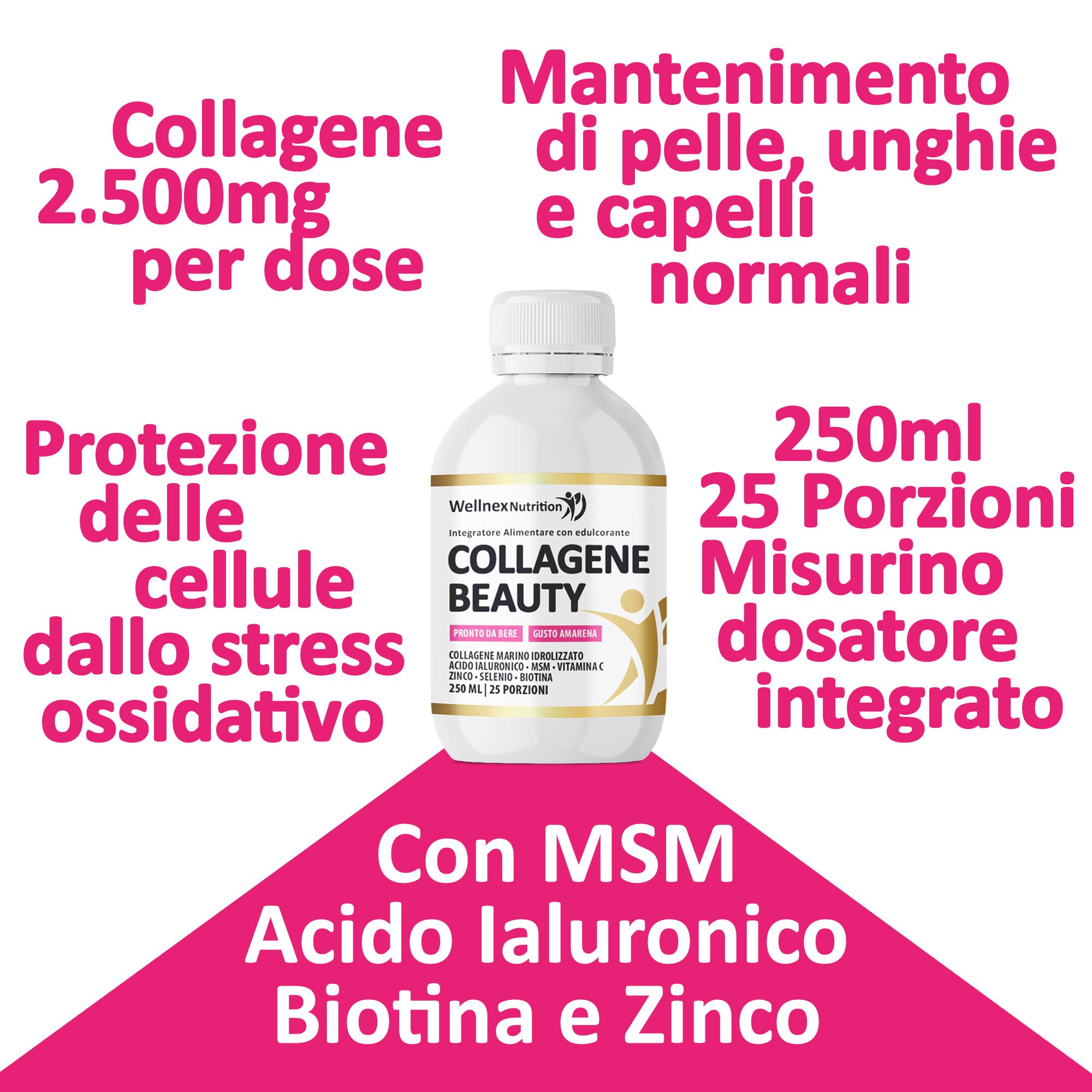 Wellnex Collagene da Bere Shot a Base Di Collagene Marino e Acido Ialuronico - Pelle Unghie Capelli