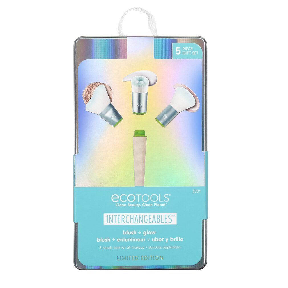 Set di 5 pennelli trucco intercambiabili in confezione trasparente. Include pennelli per blush e illuminante. Marchio Ecotools.