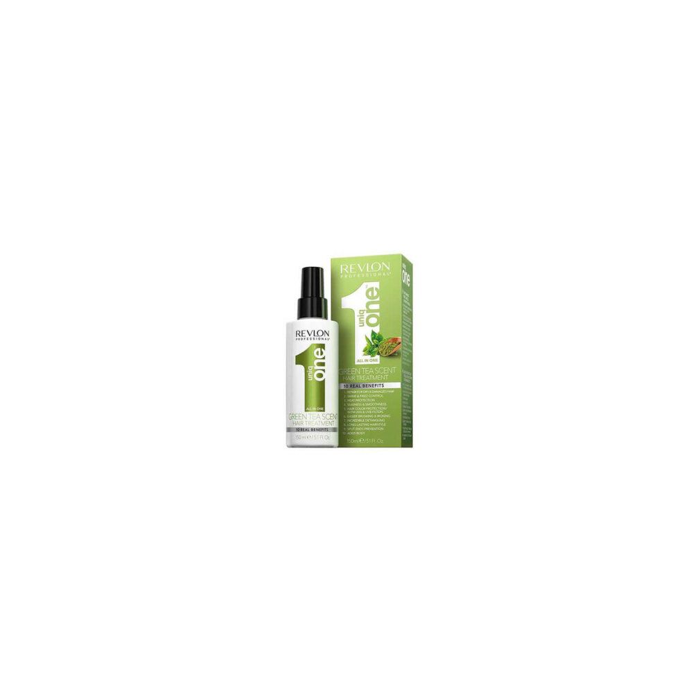 Confezione prodotto: flacone e scatola. Scritta: Revlon Uniq One Green Tea Hair Treatment. Logo verde.