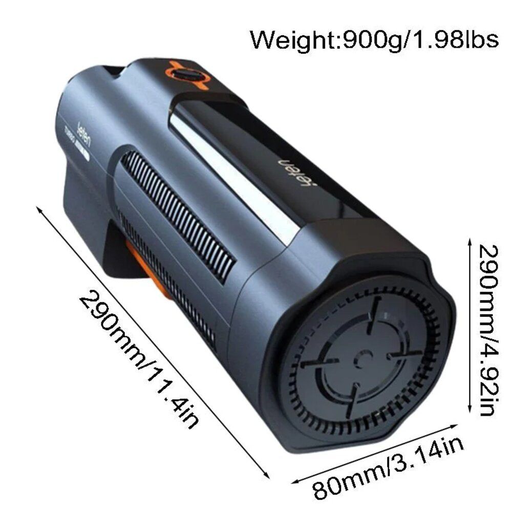 Dispositivo nero con dettagli arancioni. Dimensioni: 290mm/11.4in x 80mm/3.14in x 290mm/4.92in. Peso: 900g/1.98lbs. Scritta "leten".