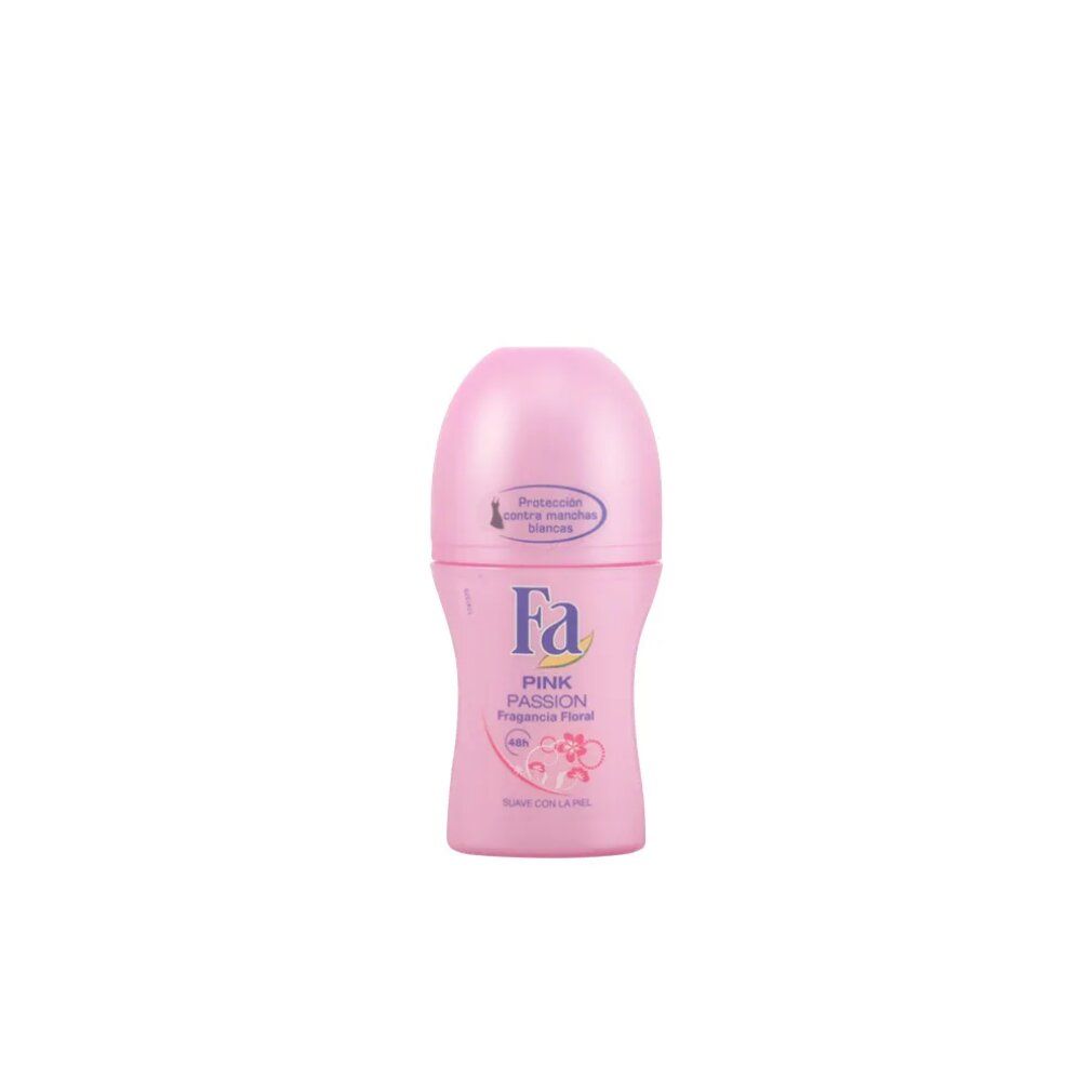 Deodorante roll-on rosa. Scritta: Fa Pink Passion, profumo floreale, anti-traspirante, delicato sulla pelle. Con tappo rosa.