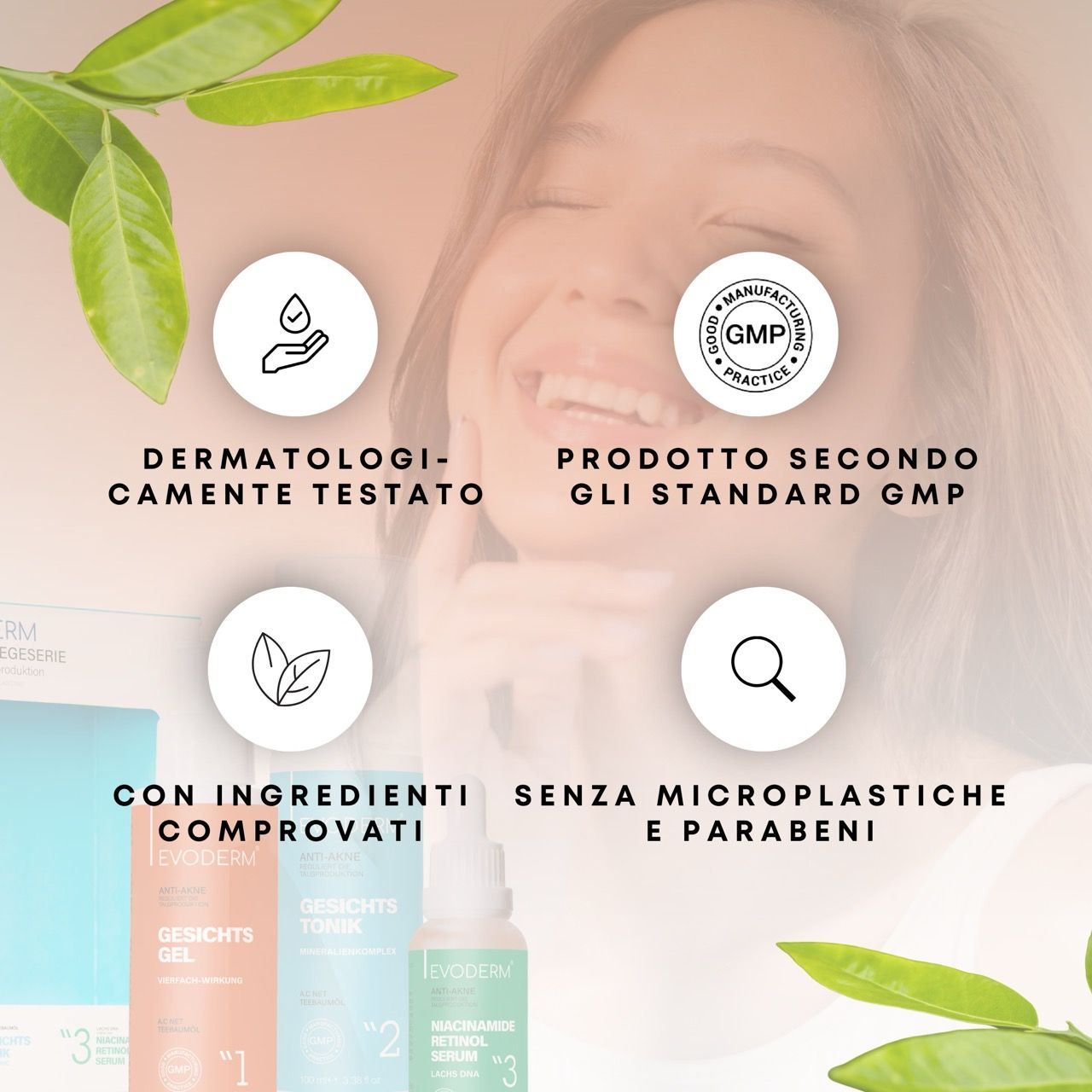 Tre prodotti: gel, tonico e siero. Donna sullo sfondo. Testo: Linea di cura anti-acne. Dermatologicamente testato.