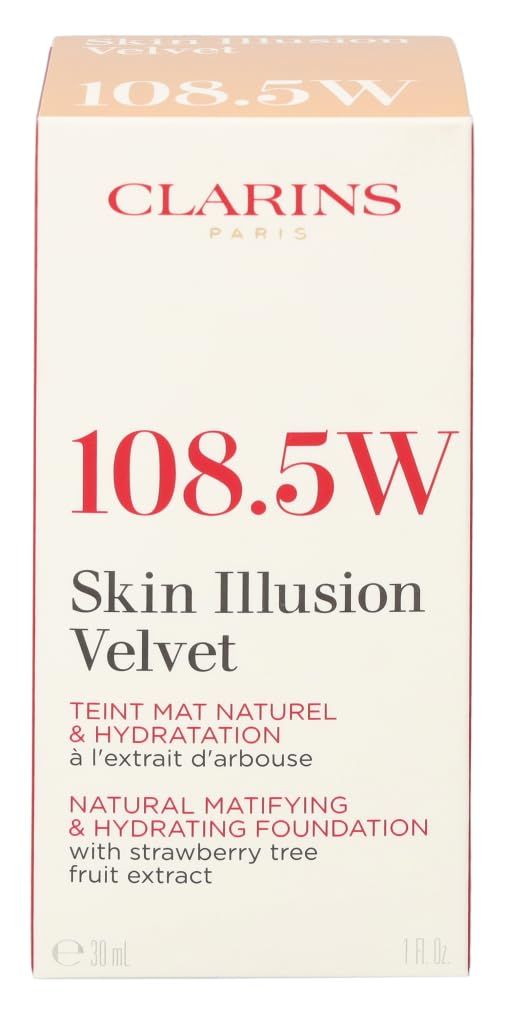 Confezione con scritta: Clarins, 108.5W, Skin Illusion Velvet, Teint Mat Naturel & Hydratation, con estratto di corbezzolo.