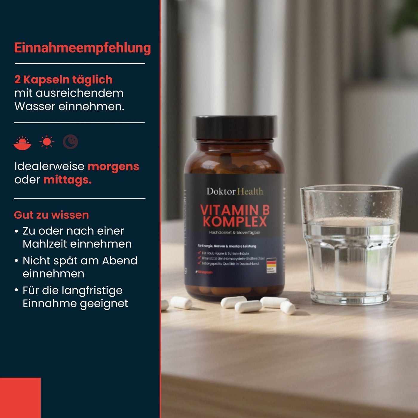 Flacone di vetro marrone con capsule Vitamin B Komplex, bicchiere d'acqua e capsule. Testo: Raccomandazioni per l'assunzione: 2 capsule al giorno con acqua.